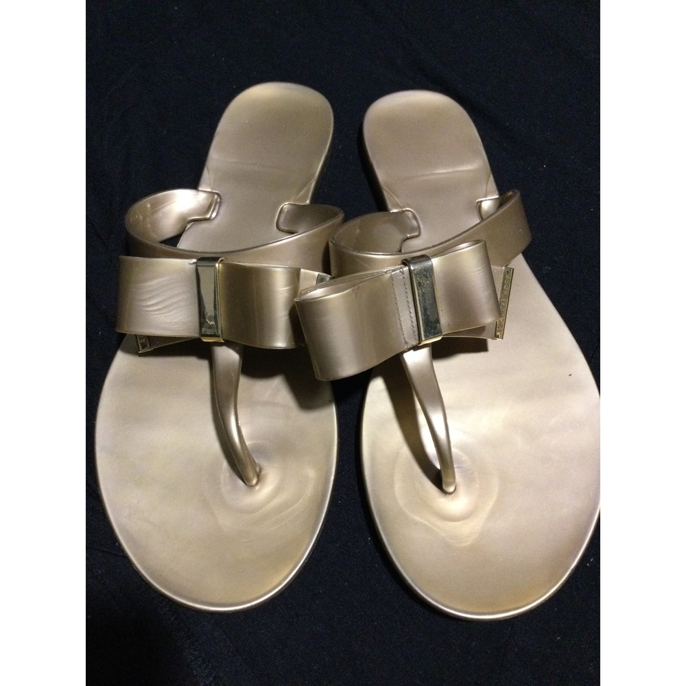 Michael Kors Jelly Bow Thong Sandals Champagne Gold Metallic Flip Flops PVC